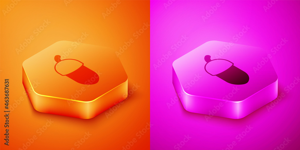 Isometric Acorn icon isolated on orange and pink background. Hexagon button. Vector