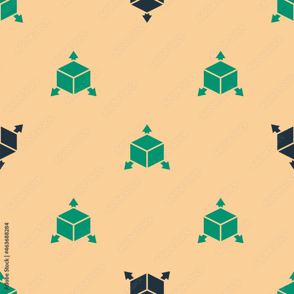 Green and black Isometric cube icon isolated seamless pattern on beige background. Geometric cubes s