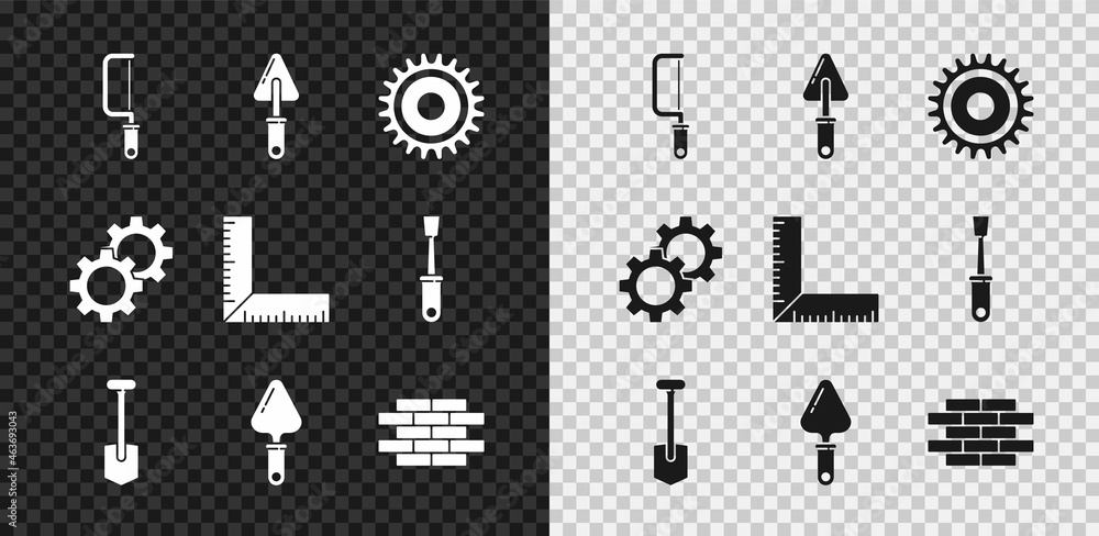 设置钢锯、抹刀、圆形刀片、铲子、砖块、齿轮和角尺图标。矢量