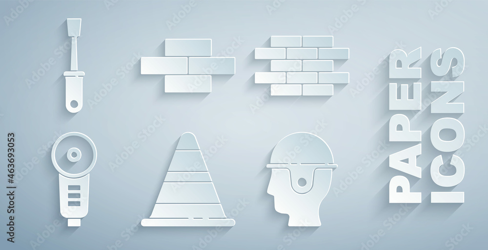 设置交通锥、砖块、角磨机、工人安全帽和螺丝刀图标。矢量