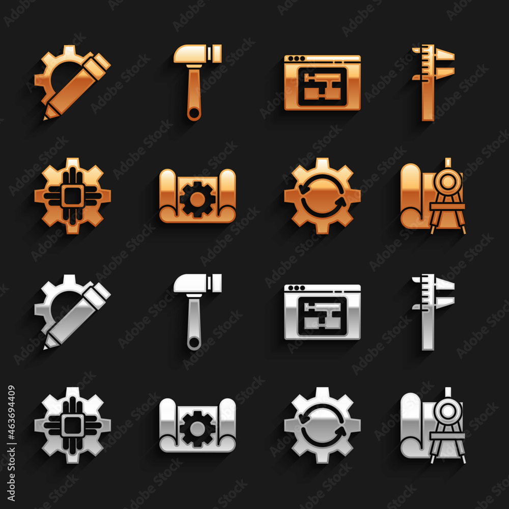 Set Graphing paper and gear, Calliper or caliper scale, compass, Gear arrows workflow, Processor, Ho