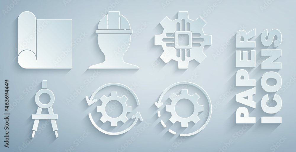 Set Gear and arrows as workflow, Processor, Drawing compass, Worker safety helmet and Graphing paper