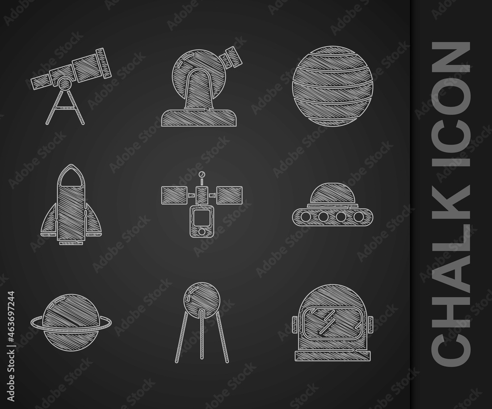 Set Satellite, Astronaut helmet, UFO flying spaceship, Planet Saturn, Rocket, Venus and Telescope ic