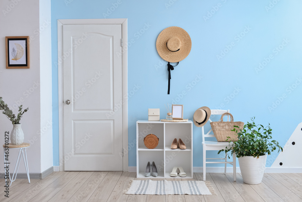 Interior of stylish hallway with modern stand, houseplant and rug