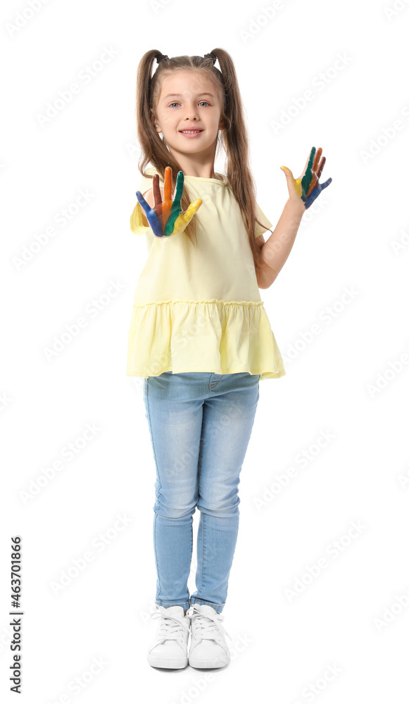 Little girl with hands in paint on white background