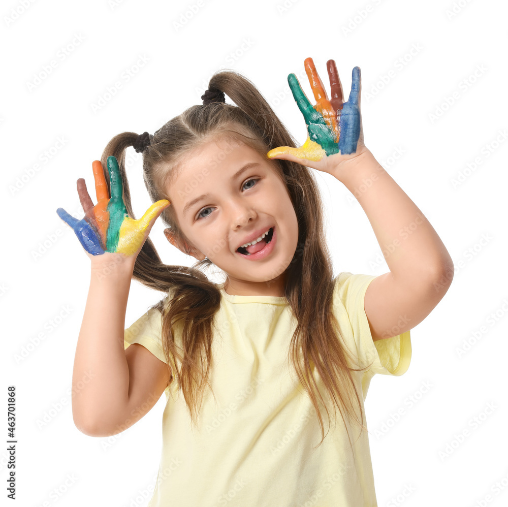 Playful little girl with hands in paint on white background