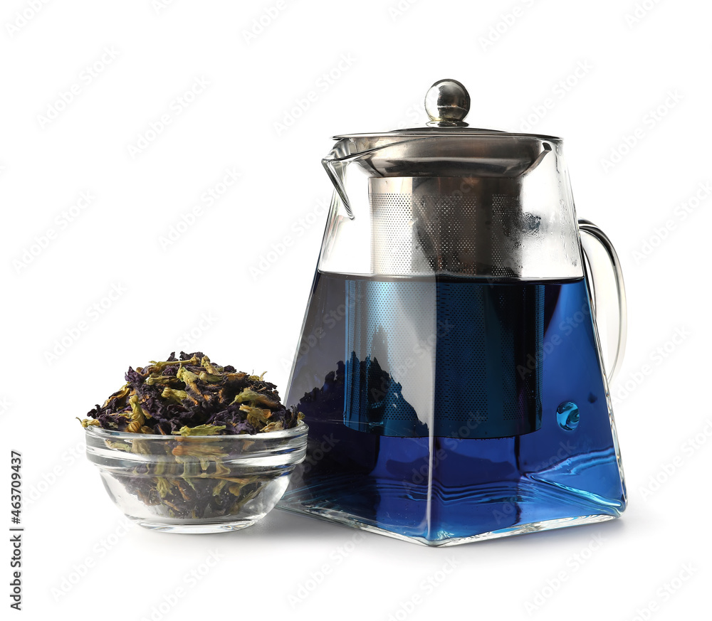 Teapot of butterfly pea flower tea on white background