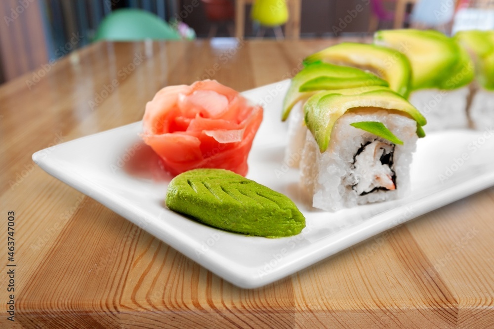 Tasty fresh sushi dish on the desk in restaurant