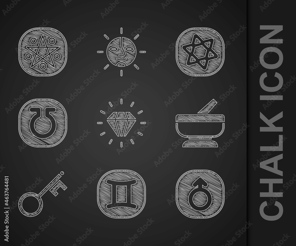 Set Diamond, Gemini zodiac, Mars, Mortar and pestle, Old key, Life, Tarot cards and Pentagram circle