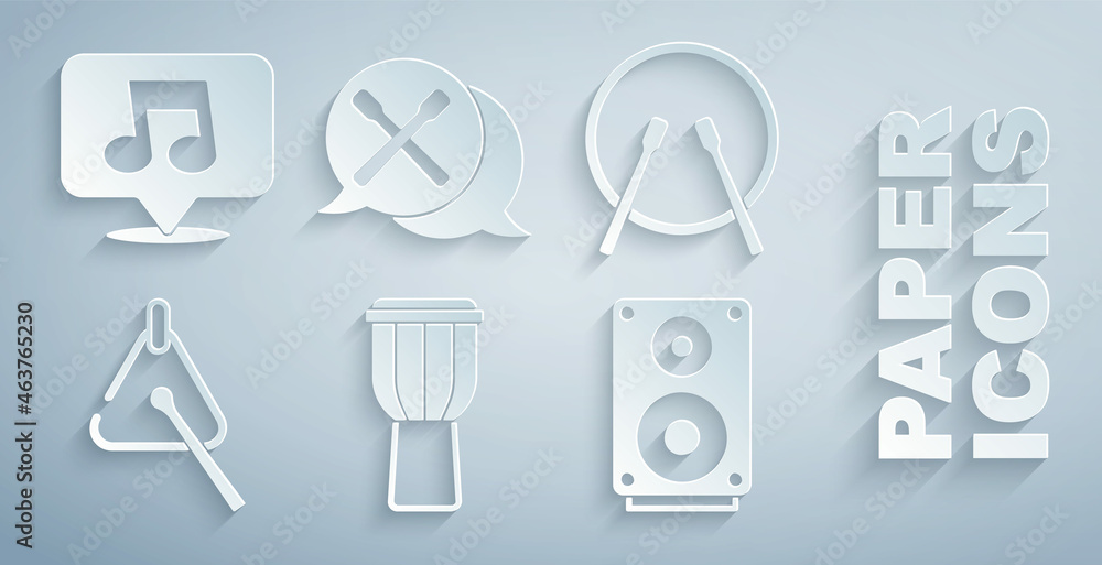 Set Drum, and drum sticks, Triangle, Stereo speaker, and Music note, tone icon. Vector