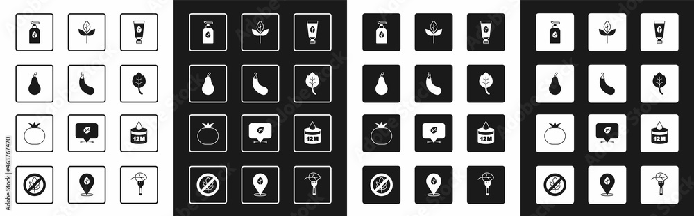 Set Organic cosmetic, Eggplant, Pear, Leaf or leaves, and Tomato icon. Vector