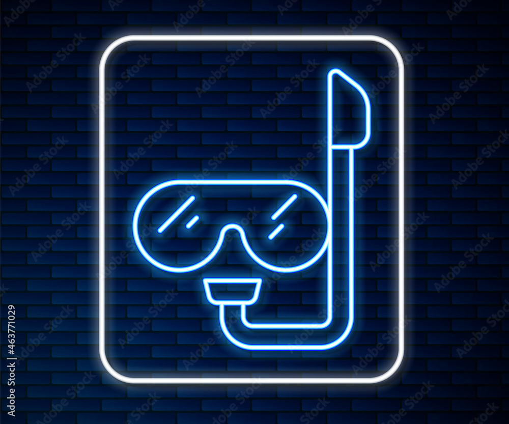 Glowing neon line Diving mask and snorkel icon isolated on brick wall background. Extreme sport. Div