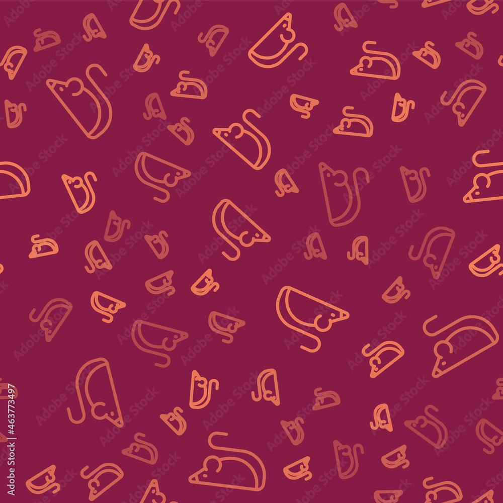 Brown line Experimental mouse icon isolated seamless pattern on red background. Vector