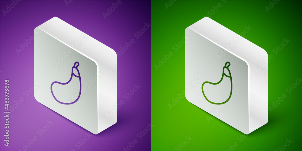 Isometric line Eggplant icon isolated on purple and green background. Silver square button. Vector