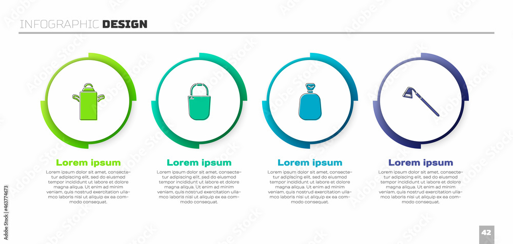 装牛奶、水桶、全袋和花园锄的罐装容器。商业信息图模板。矢量