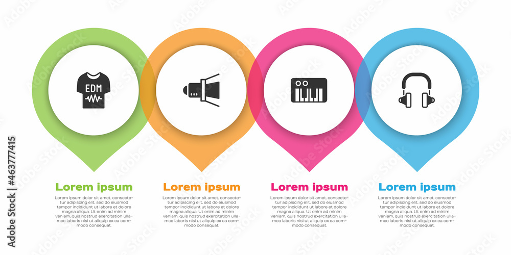 设置T恤、电影聚光灯、音乐合成器和耳机。商业信息图形模板。Vecto