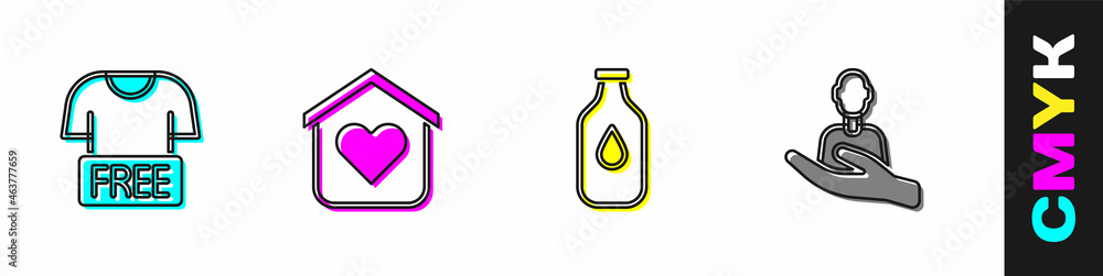 Set Clothes donation, Shelter for homeless, Bottle of water and Caring people icon. Vector