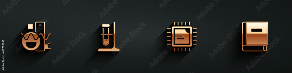 Set Basic geometric shapes, Test tube flask on stand, Processor CPU and Science book icon with long 