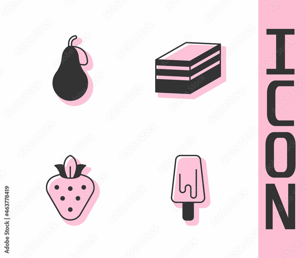 Set Ice cream, Pear, Strawberry and Piece of cake icon. Vector