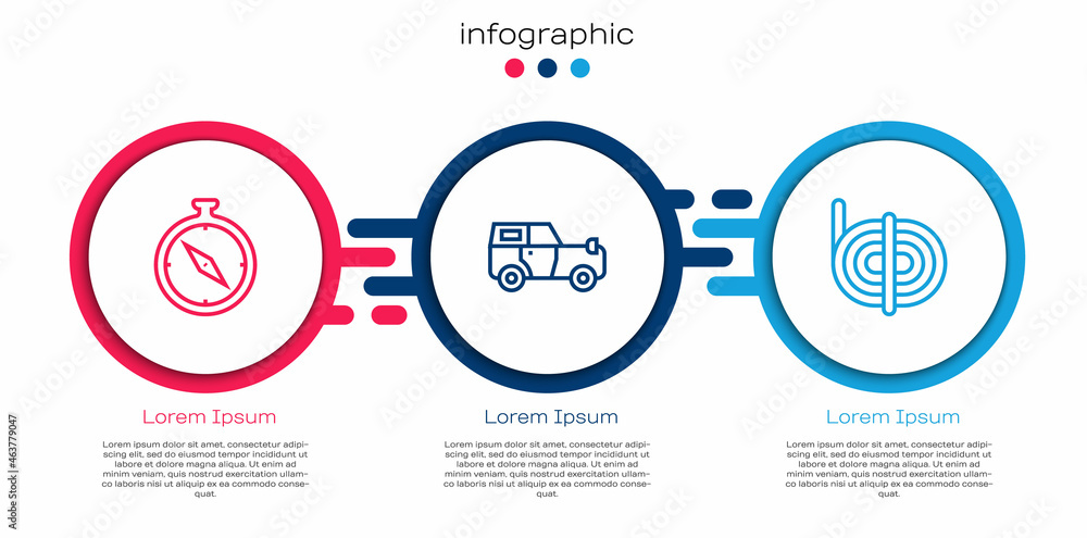 设置线路指南针、越野车和登山绳。商业信息图模板。矢量