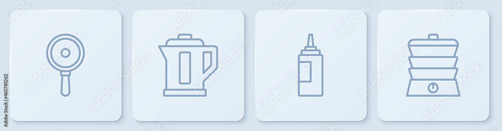 Set line Frying pan, Sauce bottle, Electric kettle and Slow cooker. White square button. Vector