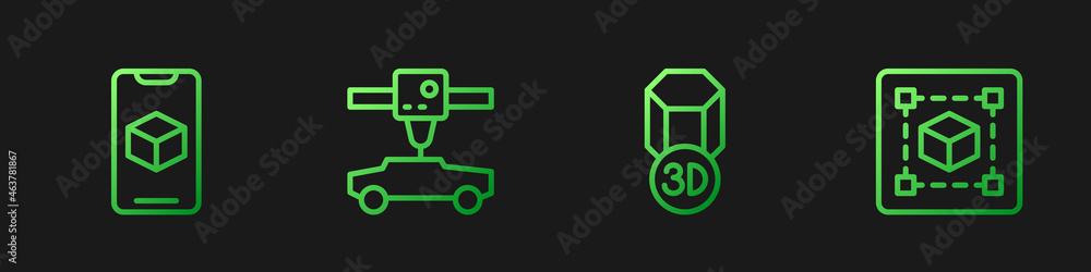 设置线3D打印机、软件、汽车和几何图形立方体。渐变色图标。矢量