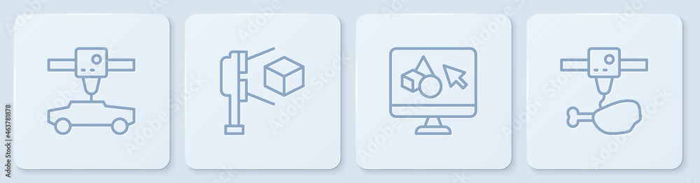 设置线3D打印机汽车、软件、带立方体和鸡腿的扫描仪。白色方形按钮。矢量
