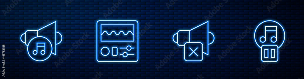 设置线路扬声器静音、音量、鼓机和暂停按钮。砖墙上闪烁的霓虹灯图标。Vecto