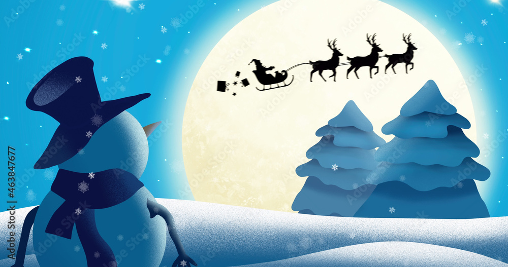 Image of santa claus in sleigh with reindeer moving over moon and winter landscape