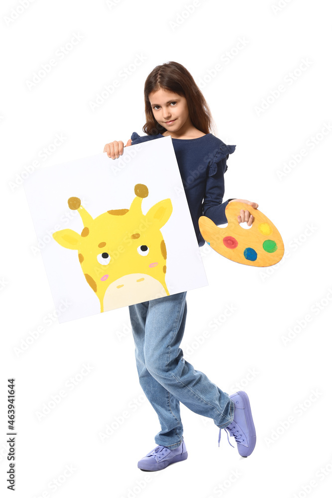 Cute little painter with picture on white background