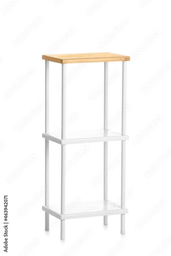 Empty wooden bookcase on white background