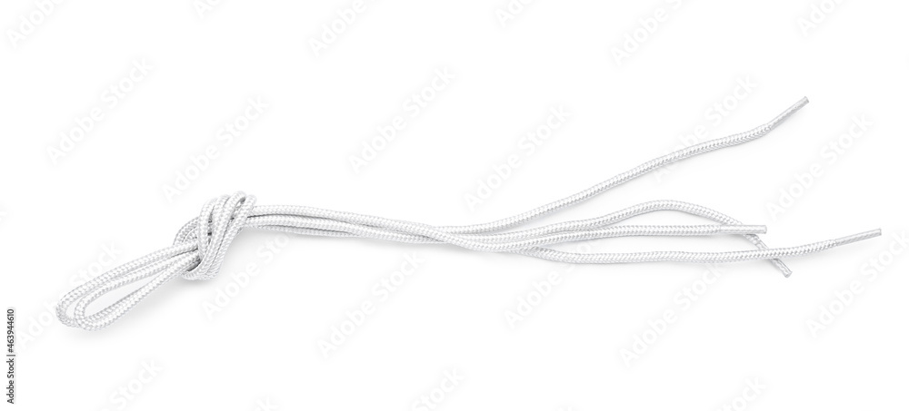 Shoe laces tied in knot on white background