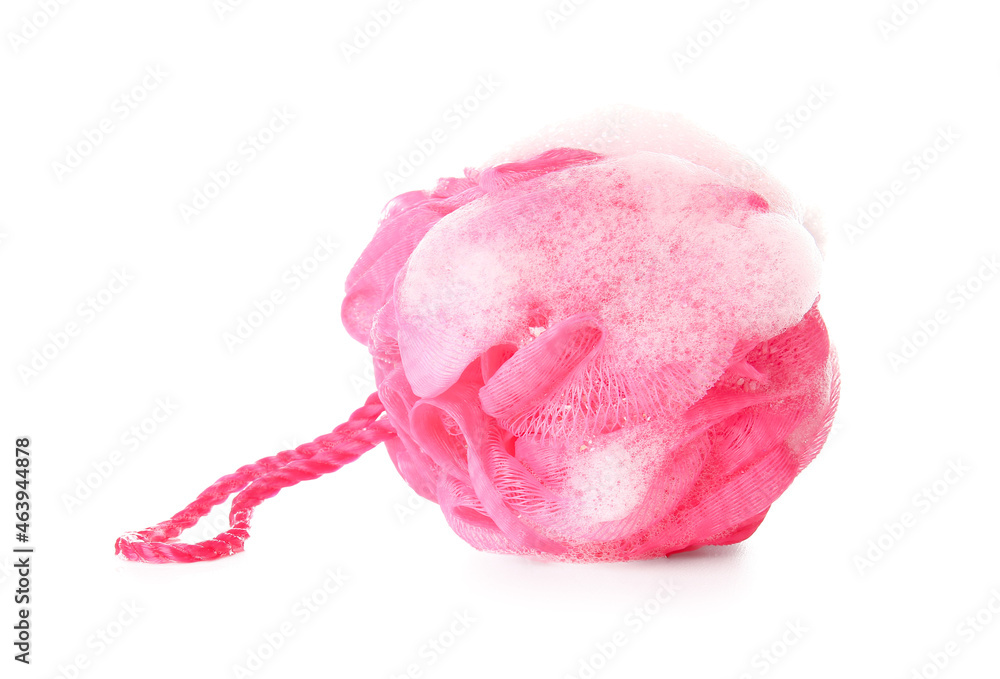 Pink bath sponge with foam isolated on white background