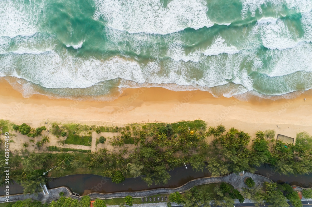 Top view coconut palm trees on the beach Phuket Thailand Sea texture waves Foaming and Splashing on 