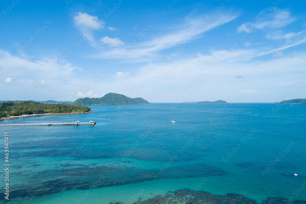 Aerial view drone shot of tropical sea at rawai beach Phuket Thailand Beautiful scenery andaman sea 