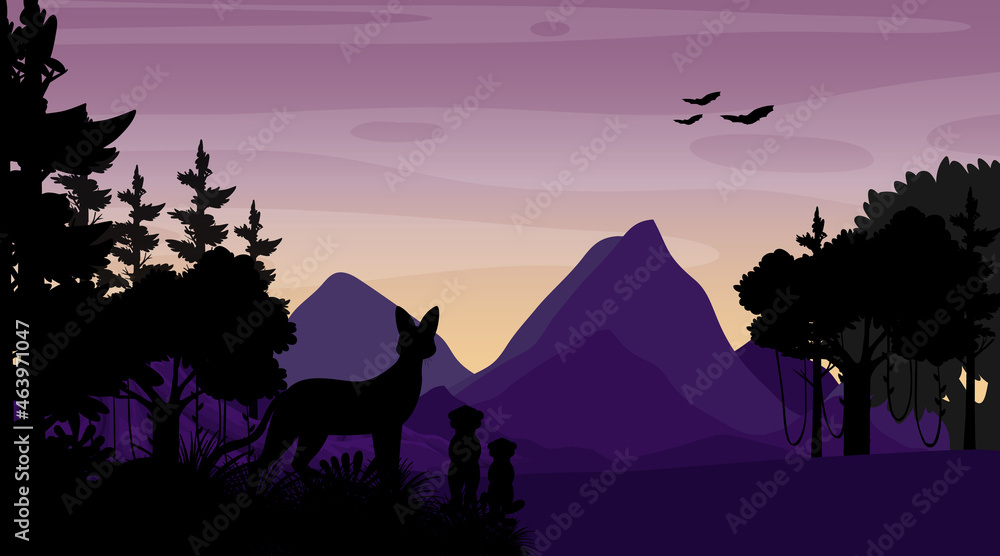 Silhouette twilight forest landscape background