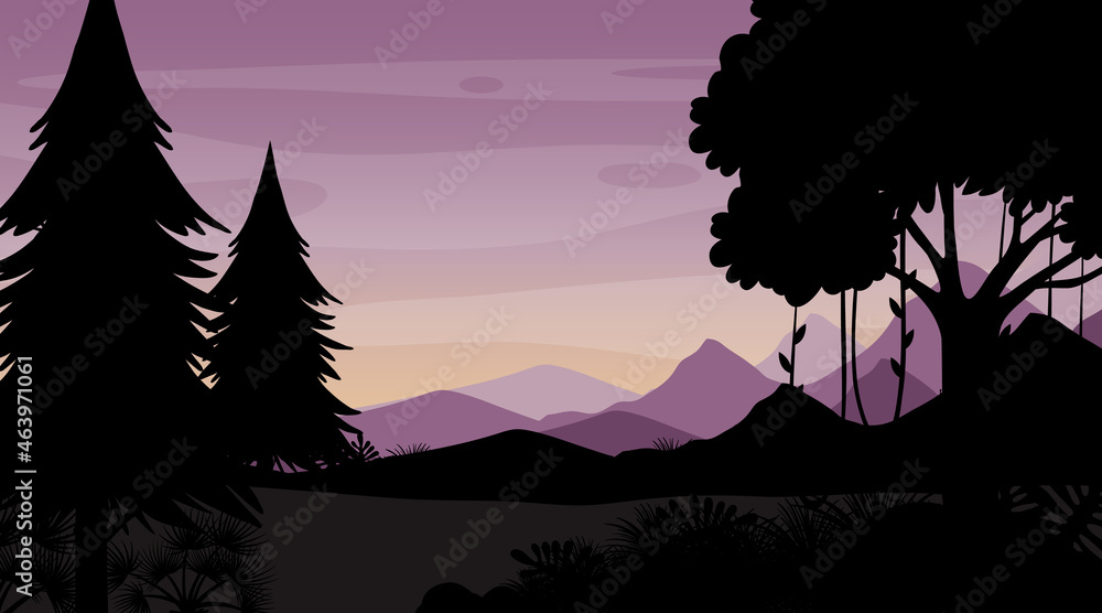 Silhouette twilight forest landscape background