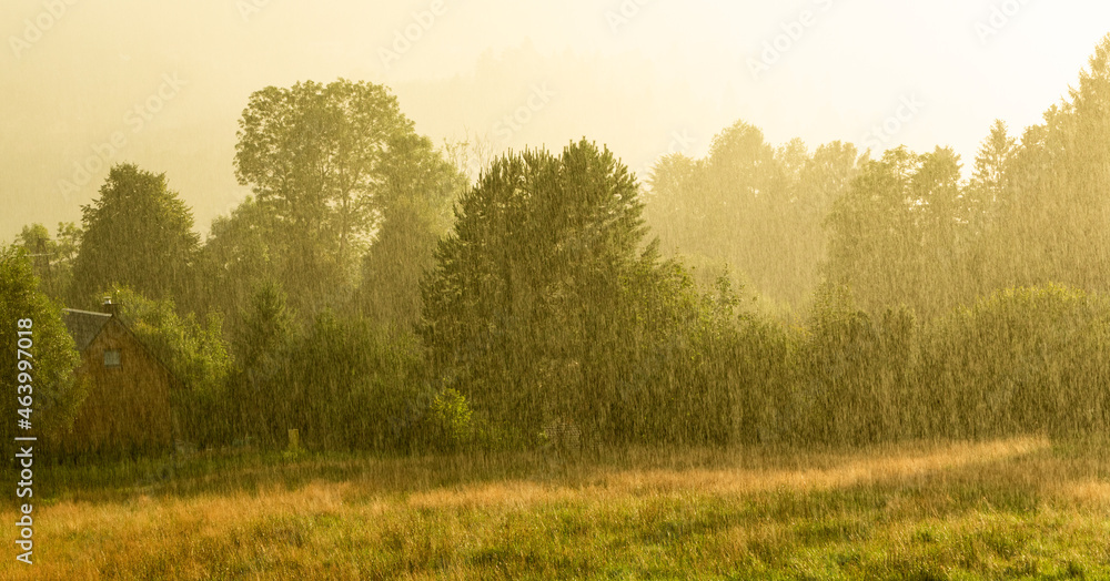 Rainy landscape with sunset during summer