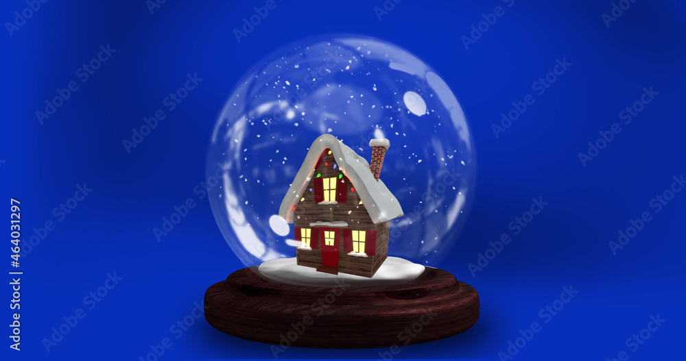 Image of christmas snow globe with house over blue background