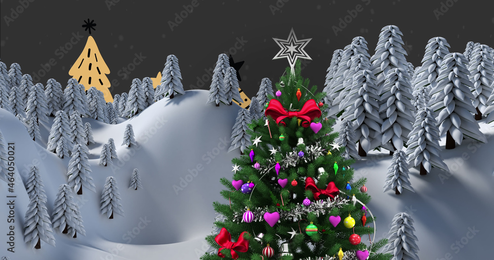 Image of christmas tree with decorations over snow falling and winter landscape