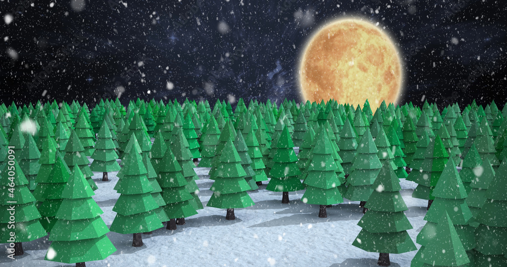 Image of snow falling over winter night landscape with fir trees