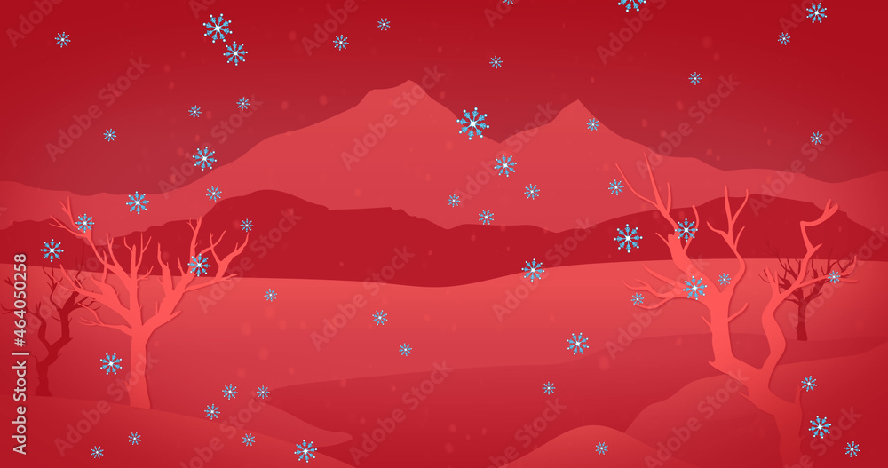 Image of snow falling over winter landscape with trees and mountains on red background