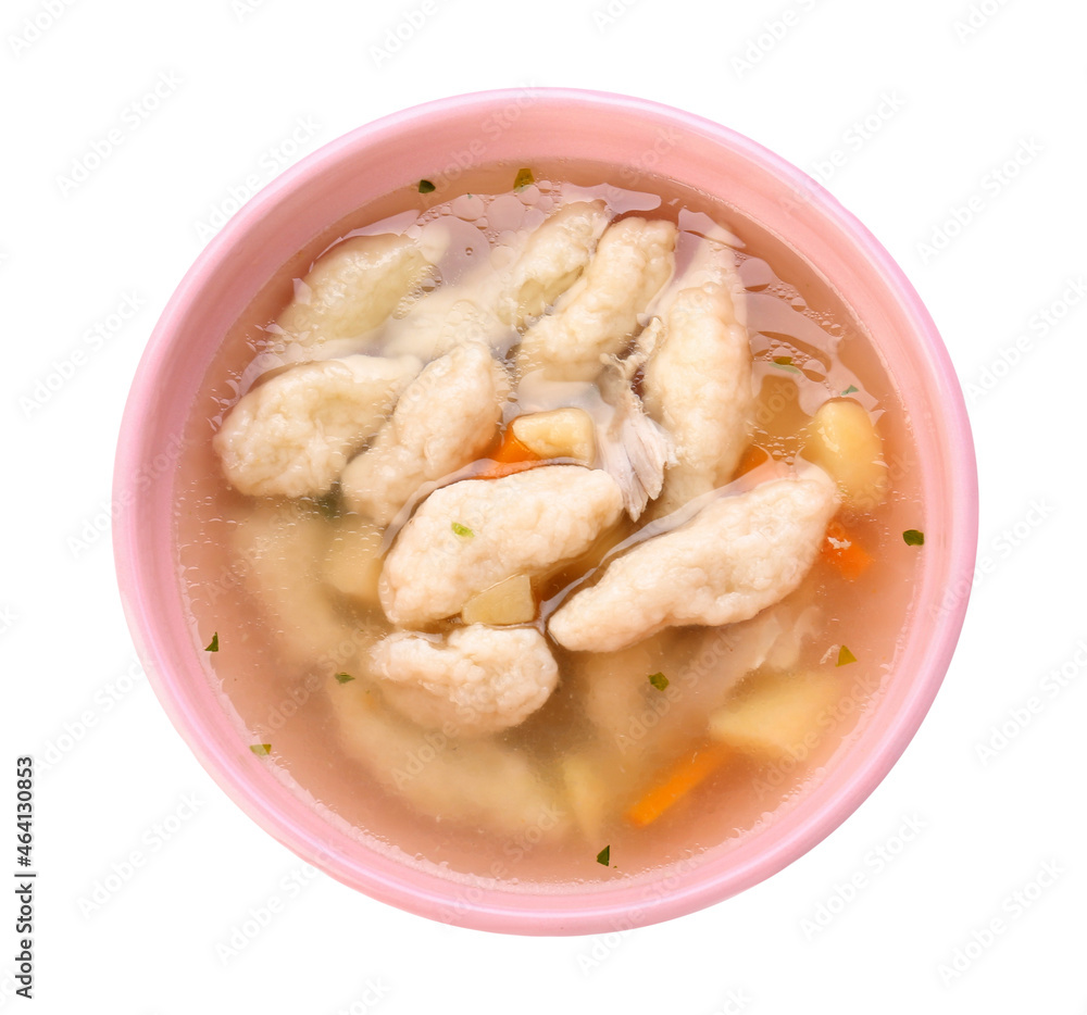 Bowl of delicious dumpling soup isolated on white background