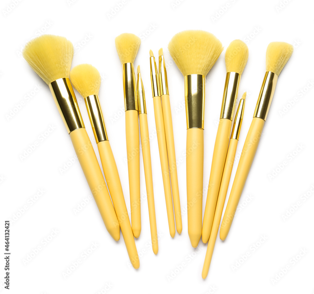 Set of stylish makeup brushes on white background