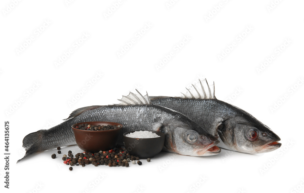 Fresh uncooked sea bass fish on white background