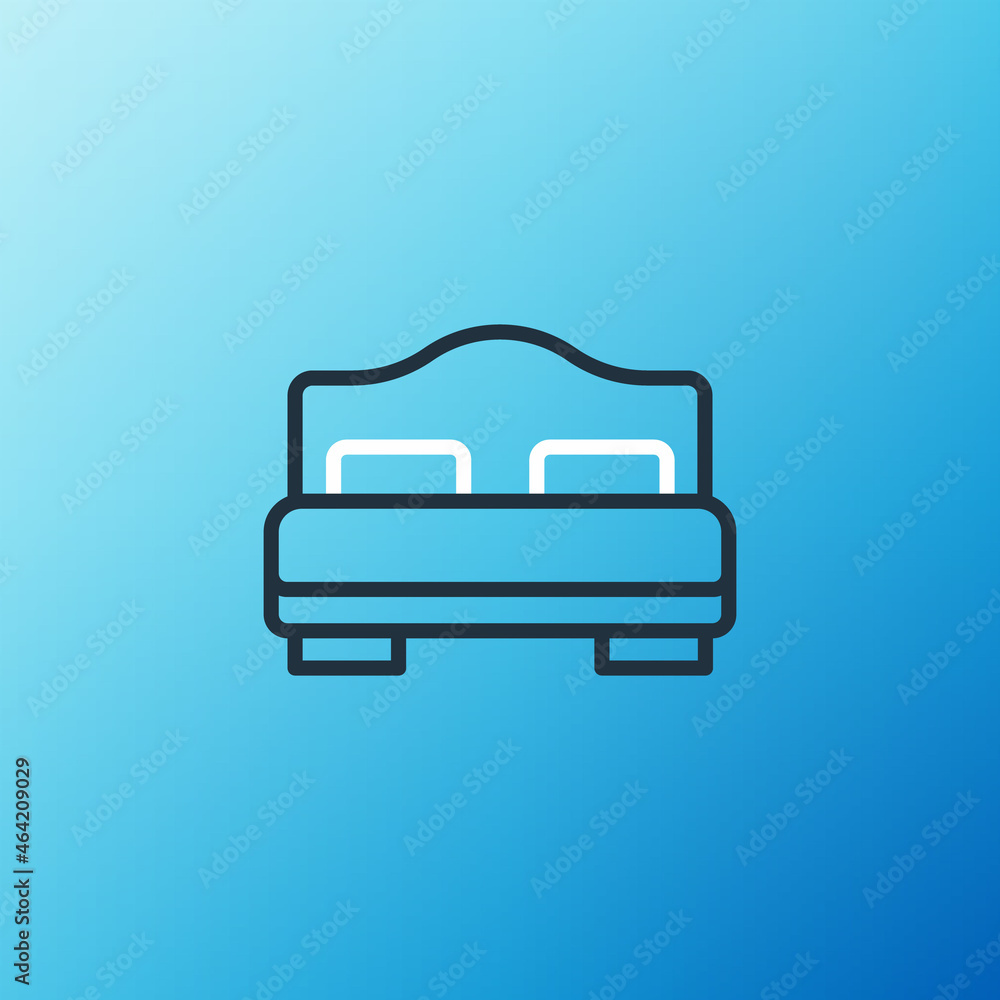 Line Hotel room bed icon isolated on blue background. Colorful outline concept. Vector