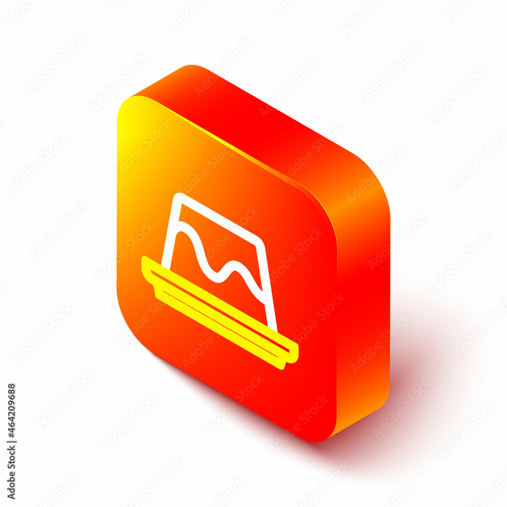 Isometric line Pudding custard with caramel glaze icon isolated on white background. Orange square b