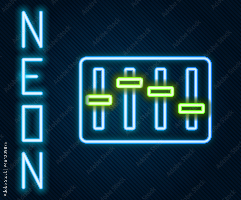 Glowing neon line Sound mixer controller icon isolated on black background. Dj equipment slider butt