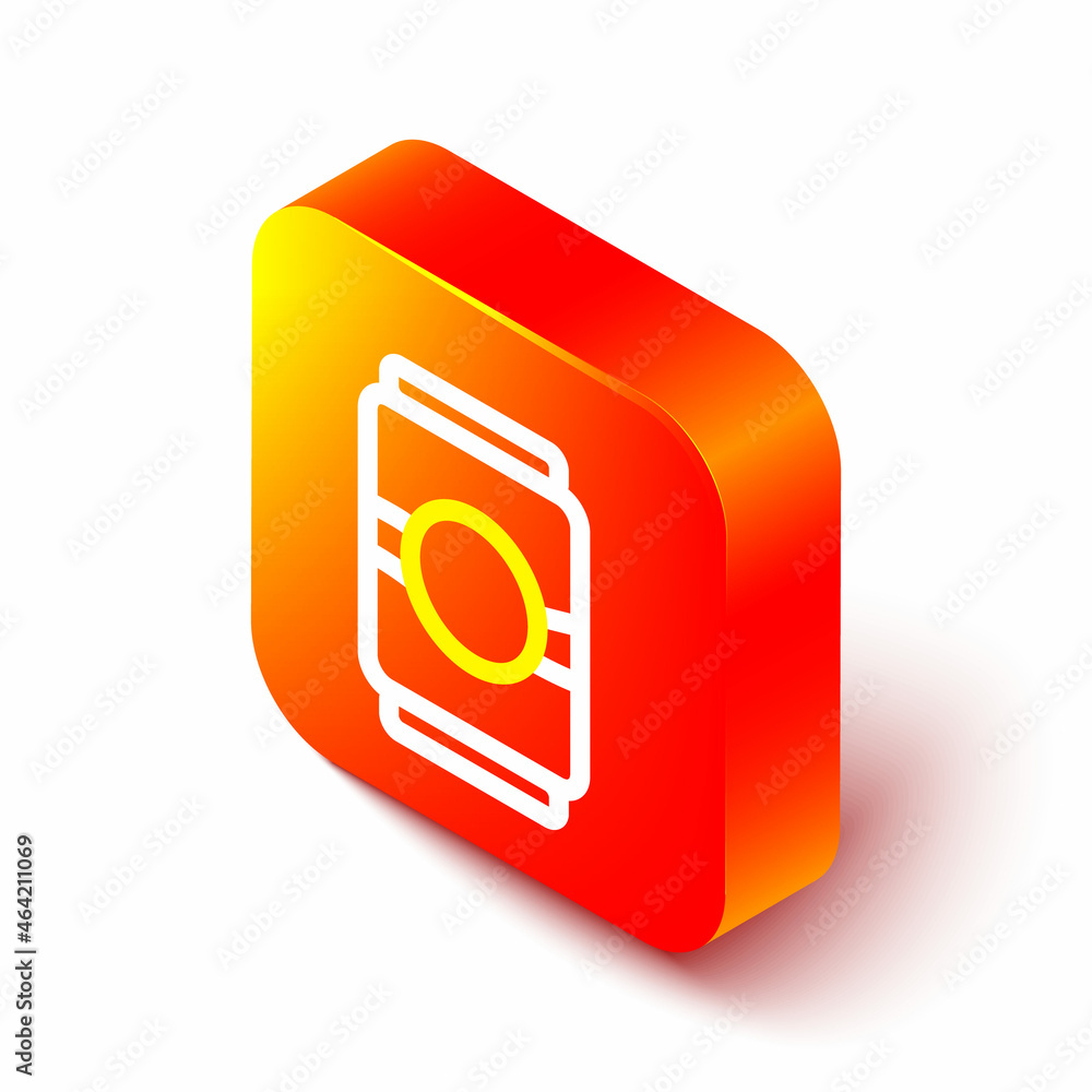 Isometric line Beer can icon isolated on white background. Orange square button. Vector