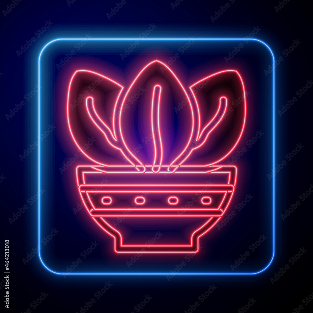 Glowing neon Plant in pot icon isolated on black background. Plant growing in a pot. Potted plant si